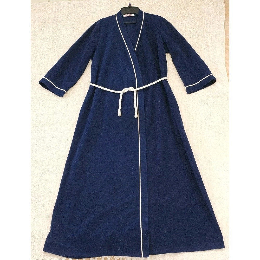 VTG Vanity Fiar Women's Blue Velour Wrap Robe Housecoat w/ Rope Tie Sz Medium